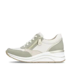 Remonte White and Sage Wide Fit Wedge Trainer|D0T0182