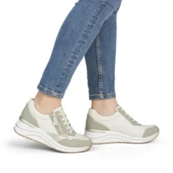 Remonte White and Sage Wide Fit Wedge Trainer|D0T0182